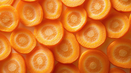 Aerial view of overlapping fresh carrot slices, forming an organic, colorful backdrop for healthy food, diet, or vegetarian themes.の素材