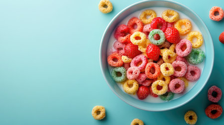A close-up of a bowl filled with multicolored cereal rings, milk, and strawberries, placed on a blue background, perfect for promoting sweet, fun breakfastsの素材