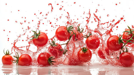 Dynamic scene of red tomatoes splashing and bursting, capturing the chaotic energy of La Tomatina festival on a clean white background. Ideal for food fights or festival themes.の素材
