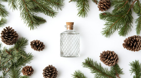 A glass dispenser surrounded by evergreen fir branches and pine cones, viewed from above, set against a white backdrop. Ideal for eco-friendly or winter-themed presentations.の素材