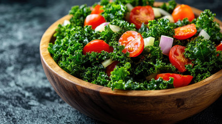 Close-up of a vibrant kale salad with juicy tomatoes and crisp onions, served in a wooden bowl on a dark background, highlighting the freshness and healthiness of the dish.の素材