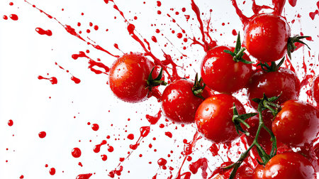 Explosive splash of ripe red tomatoes against a white background, evoking the vibrant spirit of the La Tomatina festival. Perfect for creative or celebratory concepts.の素材