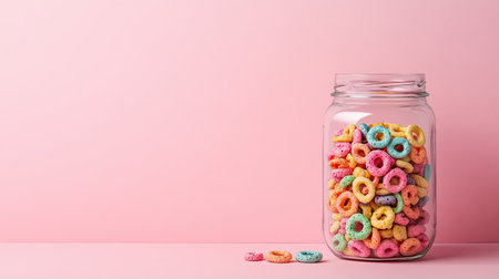 A clear jar overflowing with multicolored cereal rings, placed on a pastel pink background, capturing the playful spirit of a sweet morning treat.の素材