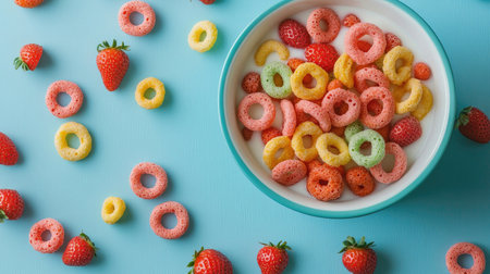 A bowl of colorful ring cereal with fresh strawberries and milk, set against a blue background, capturing the playful and delicious appeal of a fun breakfastの素材