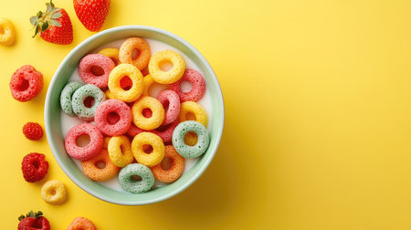 A bowl of colorful ring cereal with milk and strawberries, set against a bright yellow background, creating a cheerful and fun breakfast scene.の素材