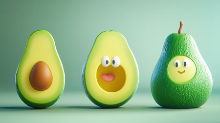 A fun collection of 3D cartoon avocados, including a pitless half and a whole avocado, designed in a playful and light-hearted style for food and health themes.の素材