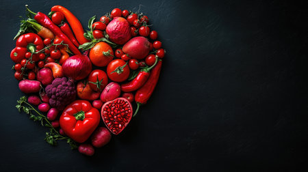 A heart-shaped arrangement of red fruits and vegetables on a black background, with ample space for advertising. The bold colors and clean design make itの素材
