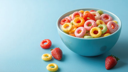 A bowl of colorful ring cereal with fresh strawberries and milk, set against a blue background, capturing the playful and delicious appeal of a fun breakfastの素材