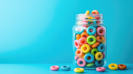 A clear jar filled with colorful sweet cereal rings, set against a vivid blue background, creating a bright and cheerful breakfast scene.の素材