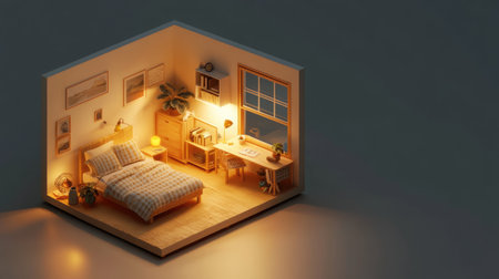 Detailed isometric view of a cozy miniature room inside a cutaway box, featuring soft lighting and gentle color tones. The 3D Blender rendering captures every detail, creating a warm and inviting spaceの素材