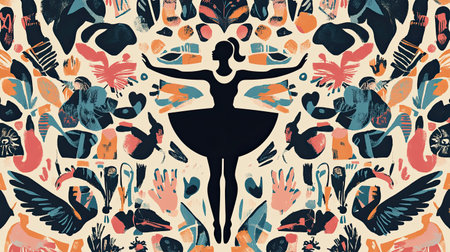 A graceful female dancer at the center of a pattern filled with women's rights and girl power icons. The design is empowering, celebrating femininity and strength in a dynamic visualの素材