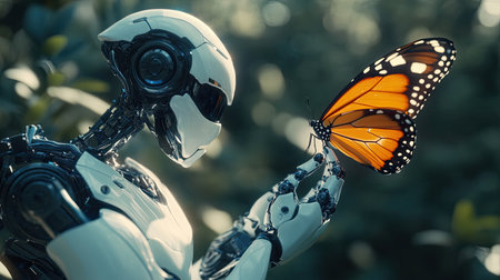 A close-up 3D render of a robot staring intently at a butterfly resting on its finger. The image captures the intersection of technology and nature in a moment of quiet fascinationの素材