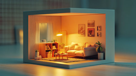 Detailed isometric view of a cozy miniature room inside a cutaway box, featuring soft lighting and gentle color tones. The 3D Blender rendering captures every detail, creating a warm and inviting spaceの素材
