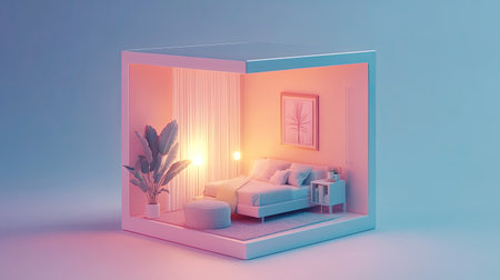 A meticulously crafted miniature room in a cutaway box, viewed isometrically. The soft lighting and pastel tones give it a serene atmosphere, enhanced by the 3Dの素材
