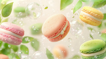 Anime-inspired artwork with vibrant macarons, delicate soap bubbles, and fresh green leaves, set against a light background. The scene is lighthearted and enchanting,の素材