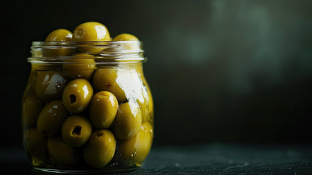 Close-up of a jar filled with pickled green olives in brine, placed on a black table. The dark background enhances the vibrant green of the olives, ideal for food advertising.の素材