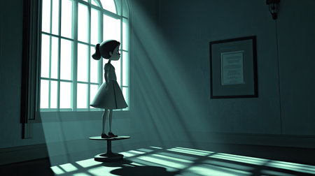 A 3D-rendered scene of a cartoon girl standing on a display stand, with a moody window casting soft light and deep shadows. The image captures a sense of solitude and introspection.の素材