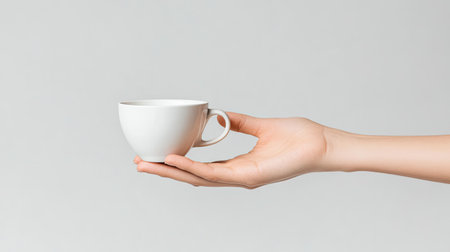 A close-up of a hand giving an empty white coffee cup, isolated on a white background. The minimalist approach highlights the anticipation of a fresh cup of coffeeの素材
