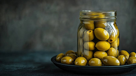 Pickled green olives in a glass jar, resting on a black table. The simplicity of the scene and the rich colors of the olives create an elegant, minimalist visual for gourmet branding.の素材