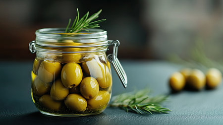 Elegant presentation of pickled green olives in a brine-filled jar, set on a black table. The minimalist design and contrast between the olives and table create a refined gourmet imageの素材