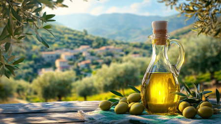 Olive oil bottle and fresh olives on a rustic table, with a beautiful olive grove and mountain village in the background. The scene exudes Mediterranean charm and culinary tradition.の素材