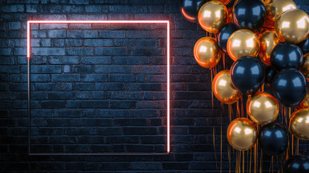 A glamorous setup featuring black and golden balloons, accented by a vibrant neon frame, all against a textured black brick wall. The combination of colors and lighting creates a modern, edgy aestheticの素材