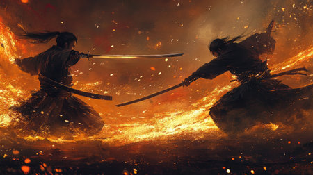 Two samurai swords clash in a fiery duel, their blades crossing in a dramatic display of skill and determination. Sparks fly as the intense battle unfolds, with a fiery glow illuminating the scene.の素材
