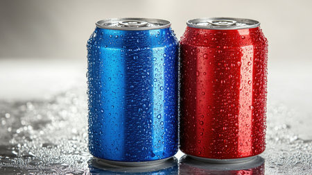 Two soda cans, one red and one blue, stand in perfect harmony. Condensation droplets highlight their refreshing coolness, making this image ideal for a competitive soda market banner.の素材