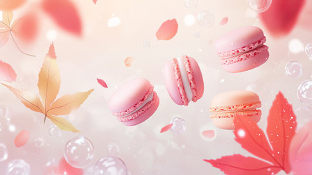 Whimsical anime-style scene with macarons, bubbles, and leaves floating against a light background. The playful colors and soft tones create a magical, lighthearted atmosphere.の素材