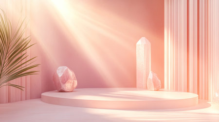 A dreamy, pastel-colored backdrop with pink and beige tones, combined with a disco crystal caustic light effect, set on an empty 3D stage template. The trendy natural colors and soft lighting make it ideal for fashion or beauty showcases.の素材