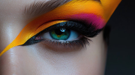 A detailed close-up of modern makeup with a focus on vibrant, fashionable colors. The sleek style is evident in the sharp lines and smooth textures, creating a polished lookの素材