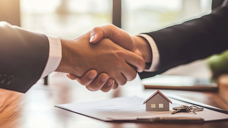 A close-up shot of two hands shaking over a desk with a signed contract, keys, and a miniature house, symbolizing the successful finalization of a real estate deal.の素材