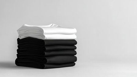 A neat stack of folded square t-shirts in black and white arranged on a clean surface, perfect as a mockup for apparel branding.の素材