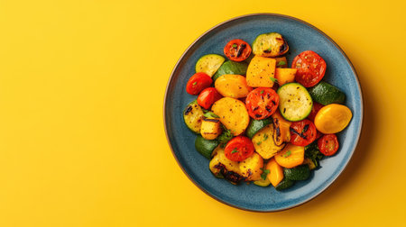 A close-up of grilled vegetables arranged neatly on a plate, isolated on a simple background with advertising space. The vivid hues and appetizing presentation create a perfect setting for culinary promotions.の素材