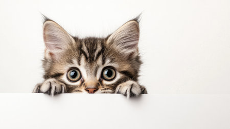 A curious kitten peeking out from the edge of the white background, leaving plenty of room for copy.の素材