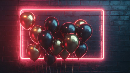 A glamorous setup featuring black and golden balloons, accented by a vibrant neon frame, all against a textured black brick wall. The combination of colors and lighting creates a modern, edgy aestheticの素材