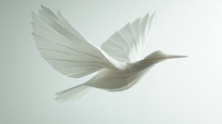 A delicate origami paper bird appears to be in mid-flight, set against a clean white background. The crisp folds and soft colors of the paper create a serene and artistic imageの素材