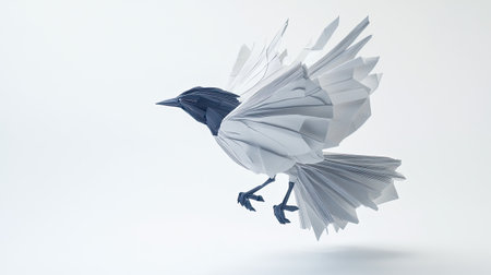 An origami paper bird, captured in motion as if flying, isolated on a pure white backdrop. The intricate details and sharp creases highlight the craftsmanship of the folded paper artの素材