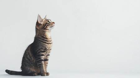 A curious cat sitting upright on a white background, with room for copy or promotional messages.の素材