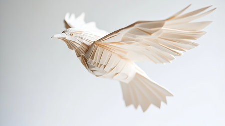 An origami paper bird, captured in motion as if flying, isolated on a pure white backdrop. The intricate details and sharp creases highlight the craftsmanship of the folded paper artの素材
