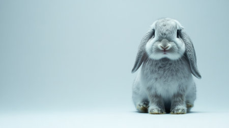 A bunny with floppy ears sitting on a white background, with room for copy or promotional text.の素材