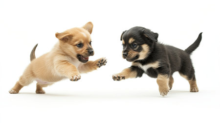 A pair of playful puppies chasing each other on a white background, with ample space for text or marketing.の素材