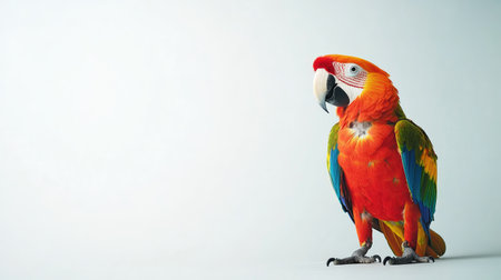 A curious parrot standing on a white background, with ample space around it for text or branding.の素材