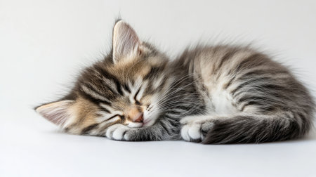 A fluffy kitten curled up and sleeping on a white background, with space for copy above or beside itの素材