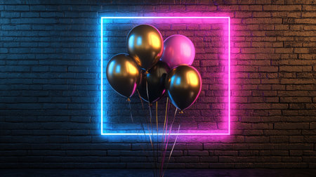 Black and gold balloons arranged within a neon-colored frame, set against a dark brick wall background. The striking contrast and vibrant neon elements add a contemporary and festive vibe to the scene.の素材