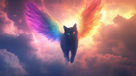 A black cat with radiant rainbow wings walking among billowy clouds, ascending towards a heavenly light.の素材