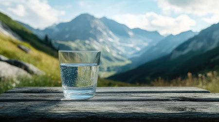 A refreshing glass of water placed on a weathered wooden table, set against a stunning mountain vista. The tranquil scene captures the essence of nature and the purity of a simple momentの素材