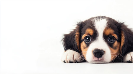 A cute puppy with floppy ears lying on a white background, with copy space available for text.の素材