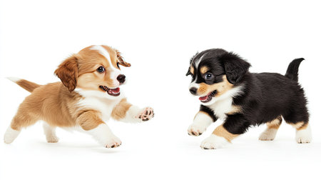A pair of playful puppies chasing each other on a white background, with ample space for text or marketing.の素材