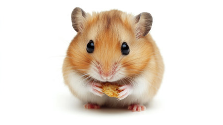 A small, cute hamster holding a tiny treat on a white background, with generous space for copy above or beside it.の素材